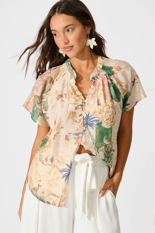 PRE ORDER Lombard Top in Beige with Green Multi Floral