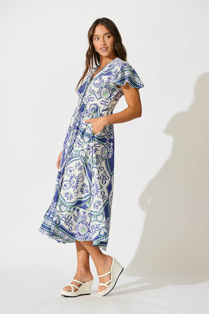 Alaria Midi Dress in White and Blue Print