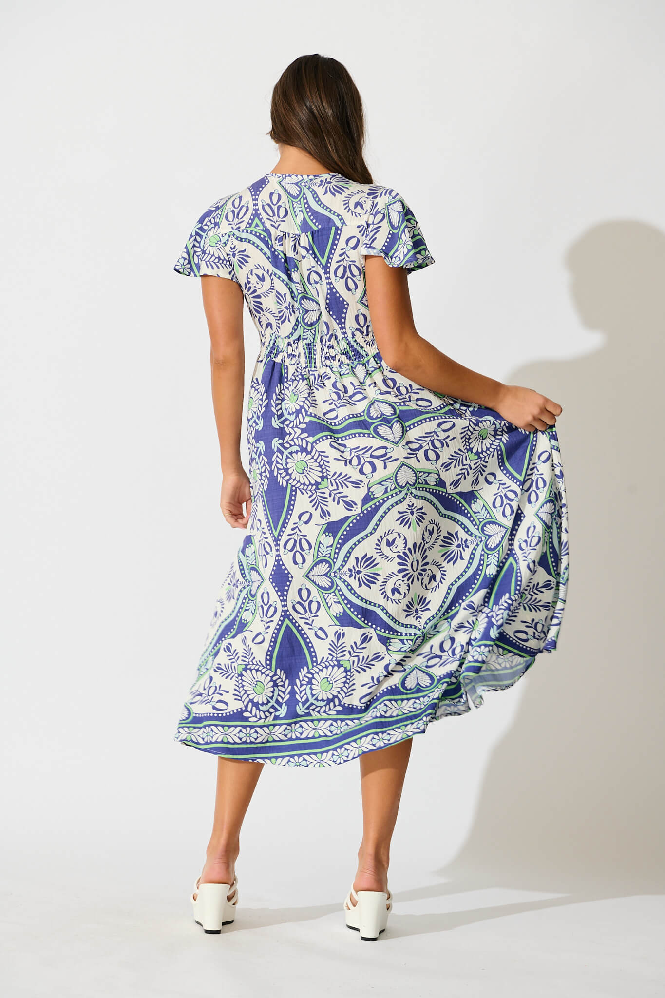 Alaria Midi Dress in White and Blue Print