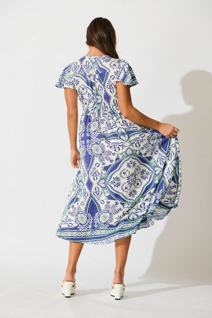 Alaria Midi Dress in White and Blue Print