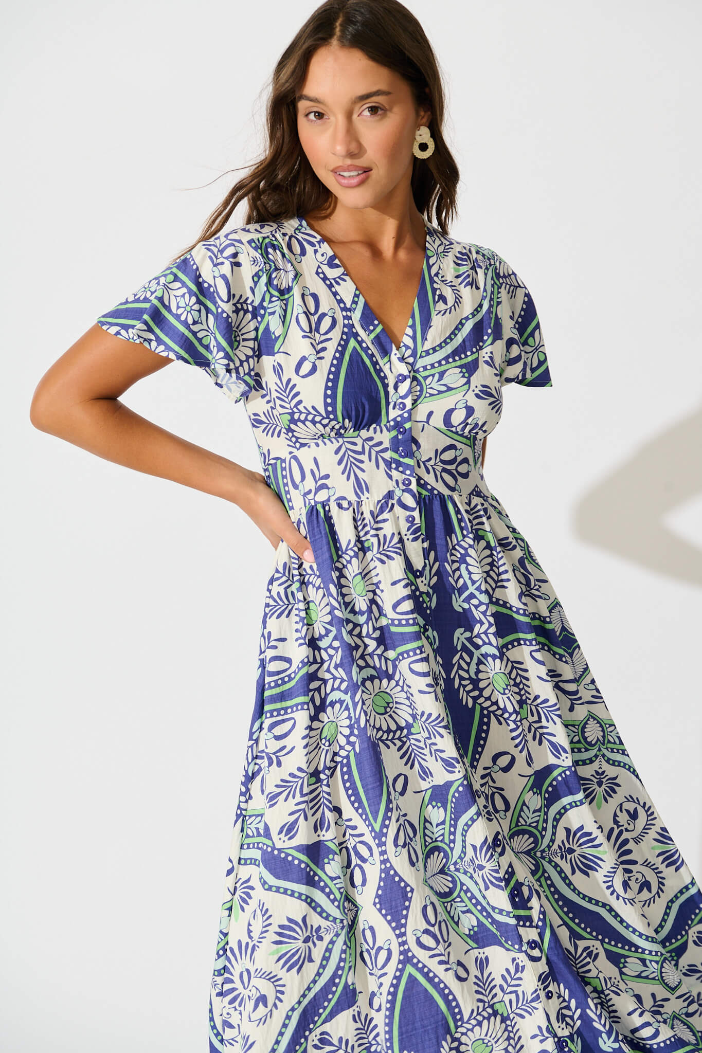 Alaria Midi Dress in White and Blue Print