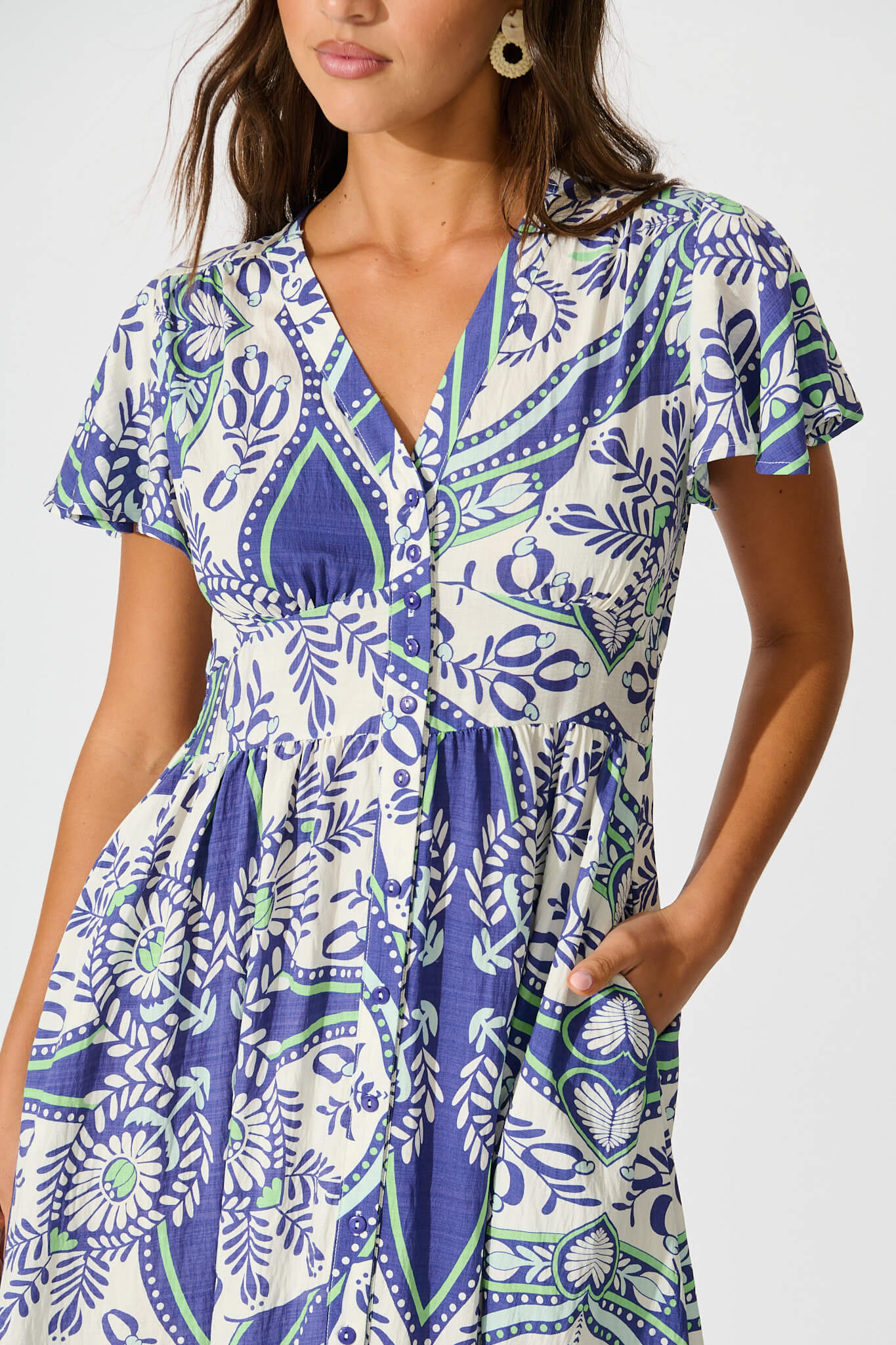 Alaria Midi Dress in White and Blue Print
