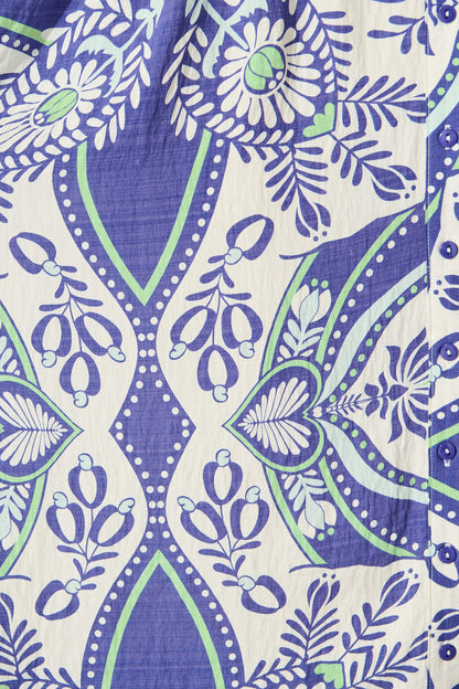 Alaria Midi Dress in White and Blue Print