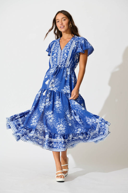 Alice Maxi Dress in Blue with White Floral