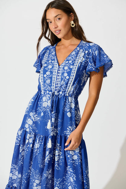 Alice Maxi Dress in Blue with White Floral