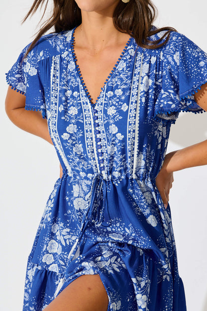 Alice Maxi Dress in Blue with White Floral
