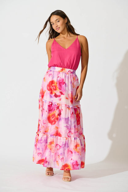 Everett Maxi Skirt in Pink and Purple Multi Floral