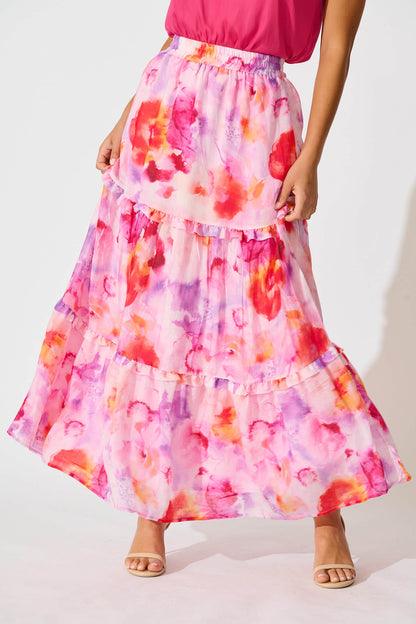 Everett Maxi Skirt in Pink and Purple Multi Floral