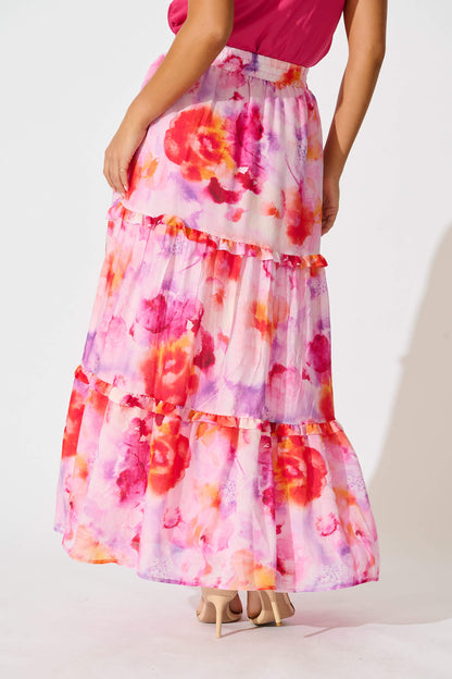 Everett Maxi Skirt in Pink and Purple Multi Floral