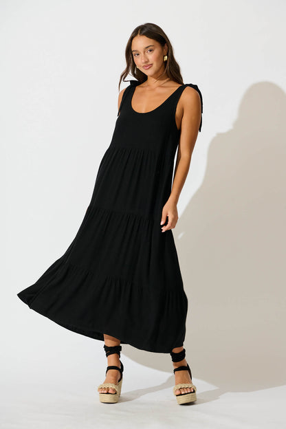 Estefani Maxi Sundress in Black Linen Blend