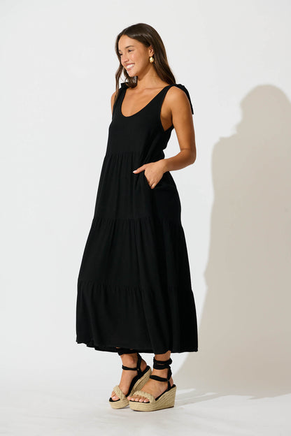Estefani Maxi Sundress in Black Linen Blend