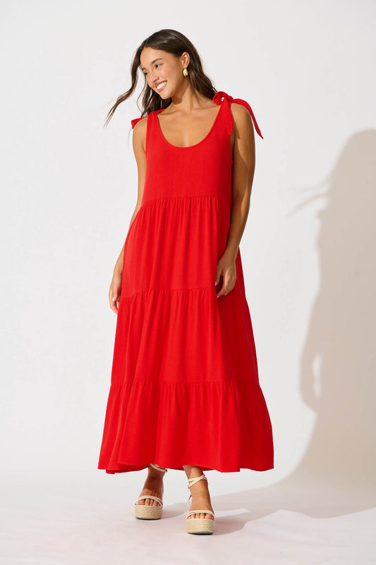 Estefani Maxi Sundress in Red Linen Blend