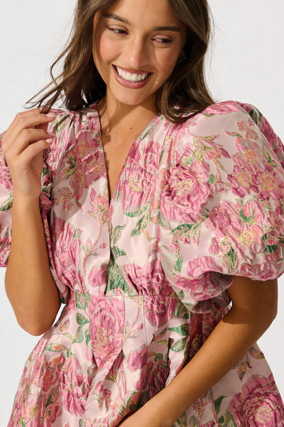 Paris Dreamer Dress in Dusty Pink with Green Jacquard