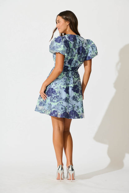 Opulent Dress in Blue Floral Organza Jacquard