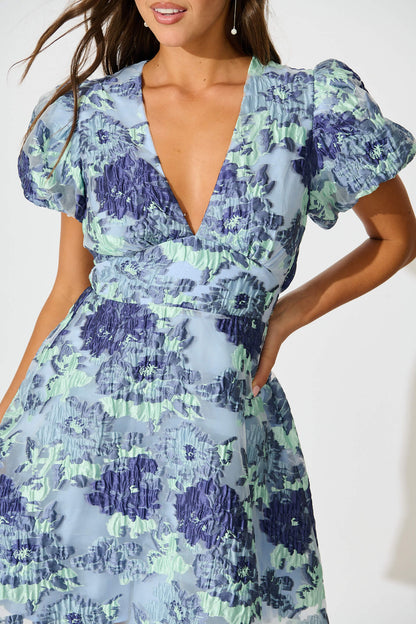 Opulent Dress in Blue Floral Organza Jacquard