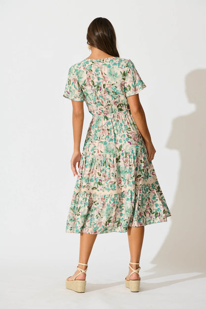 Laconia Midi Dress In White With Teal Floral