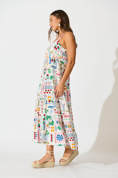 Jolie Maxi Sundress In White Multi Print
