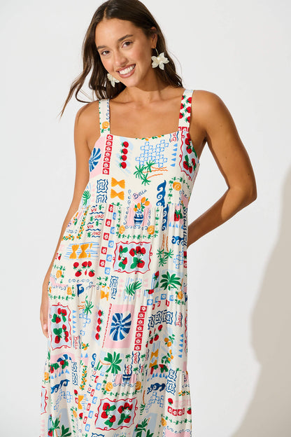 Jolie Maxi Sundress In White Multi Print