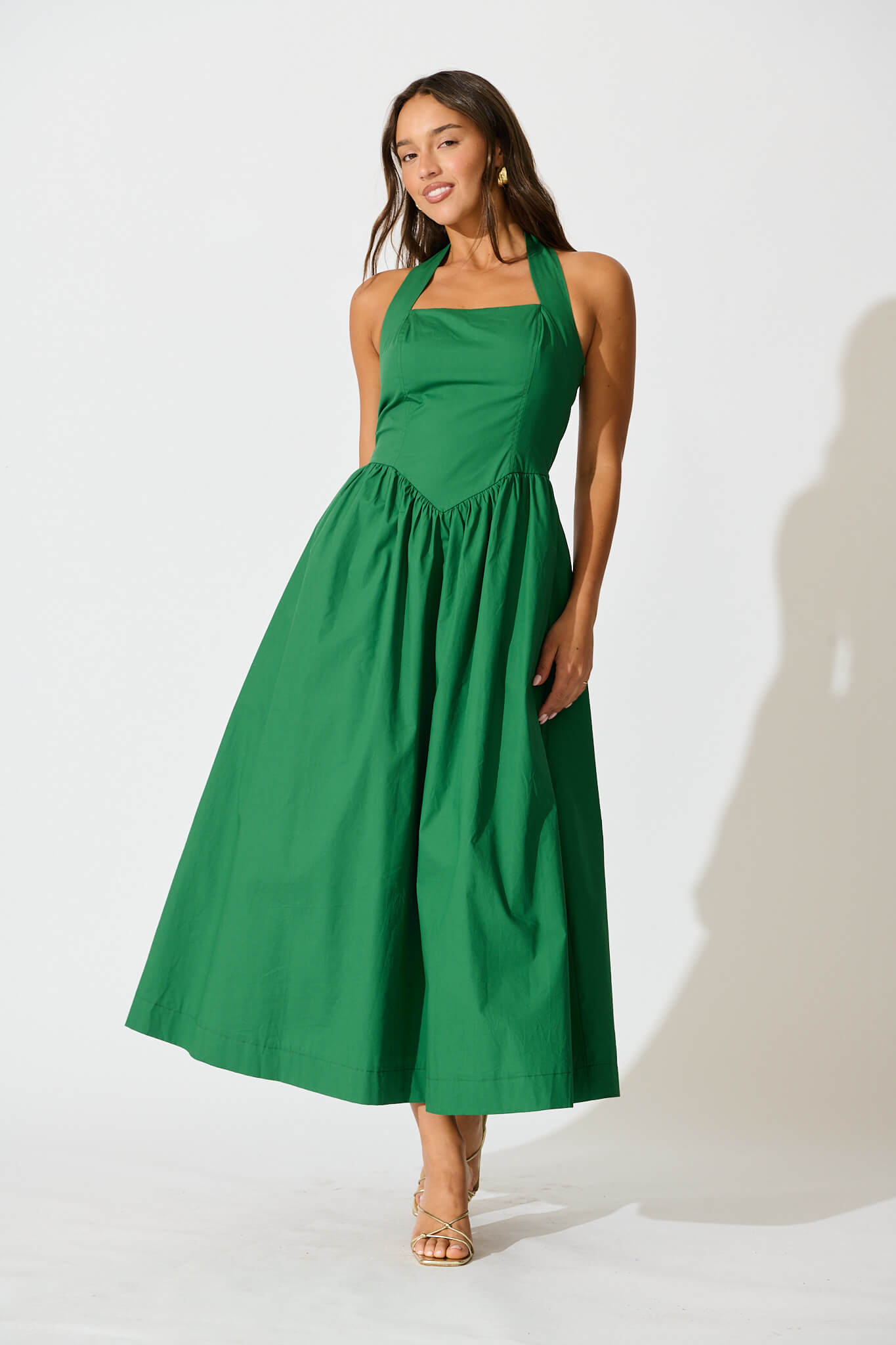 Lanna Halter Neck Maxi Dress in Green Cotton