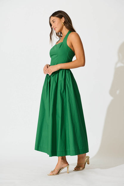 Lanna Halter Neck Maxi Dress in Green Cotton