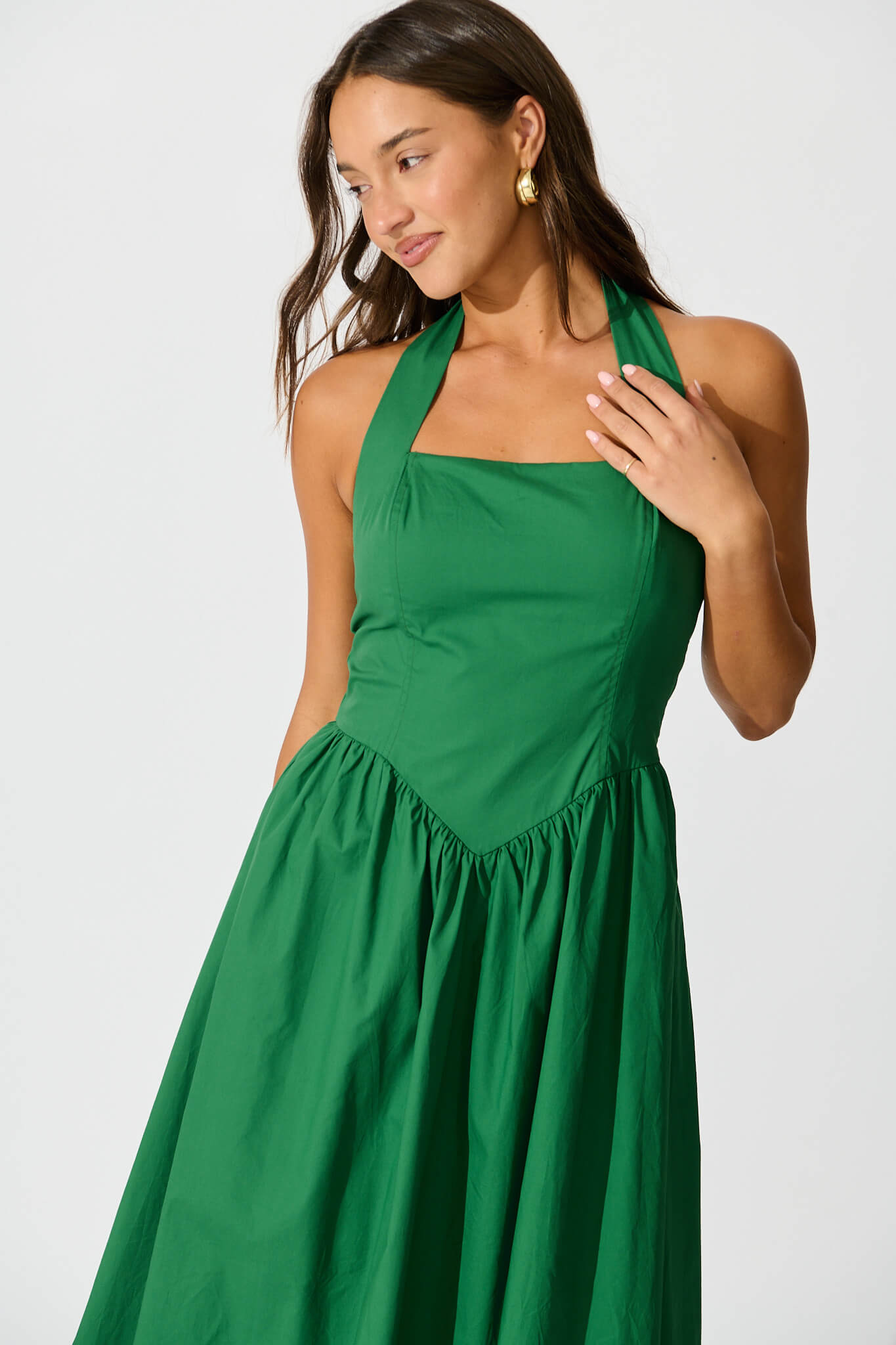 Lanna Halter Neck Maxi Dress in Green Cotton