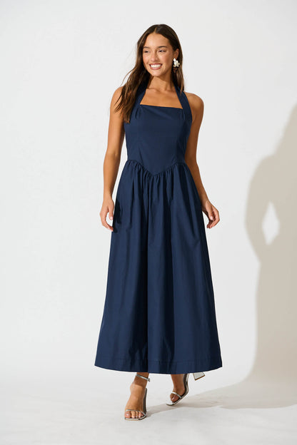 Lanna Halter Neck Maxi Dress in Navy Cotton