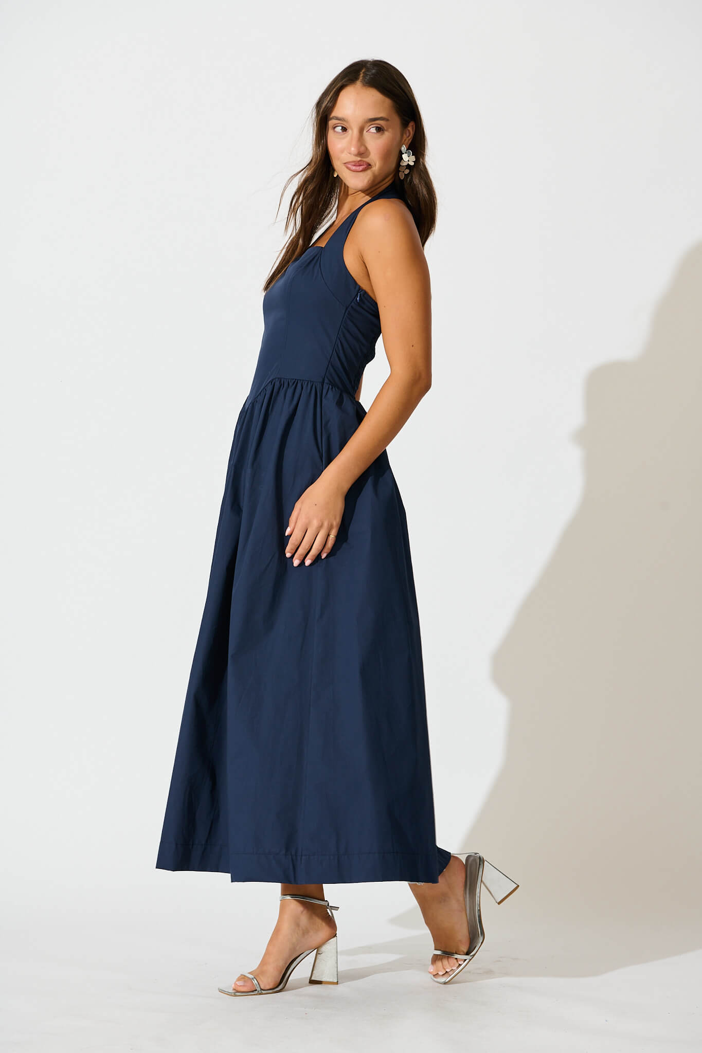 Lanna Halter Neck Maxi Dress in Navy Cotton