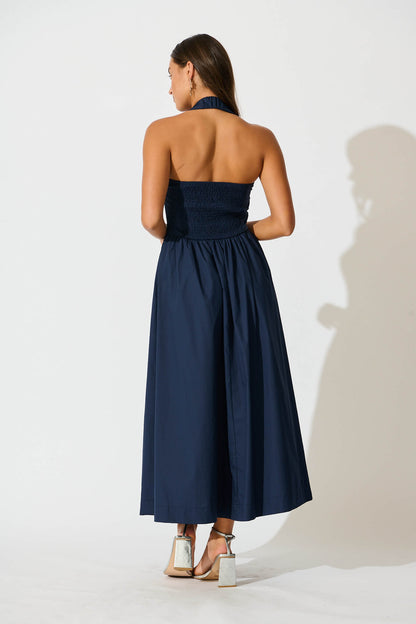 Lanna Halter Neck Maxi Dress in Navy Cotton