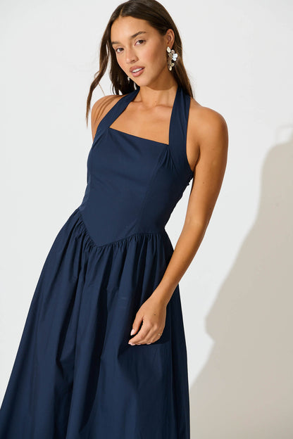 Lanna Halter Neck Maxi Dress in Navy Cotton