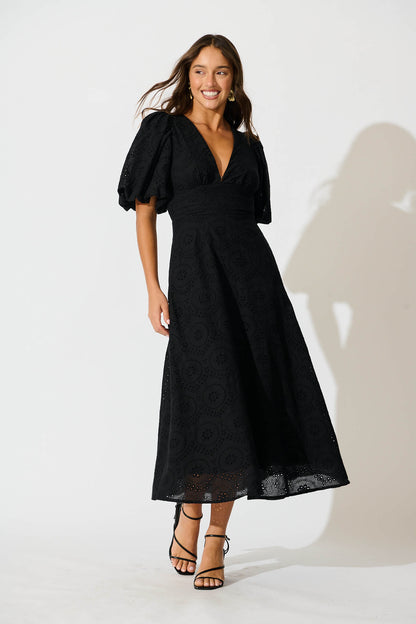Duchess Maxi Dress In Black Broderie Cotton