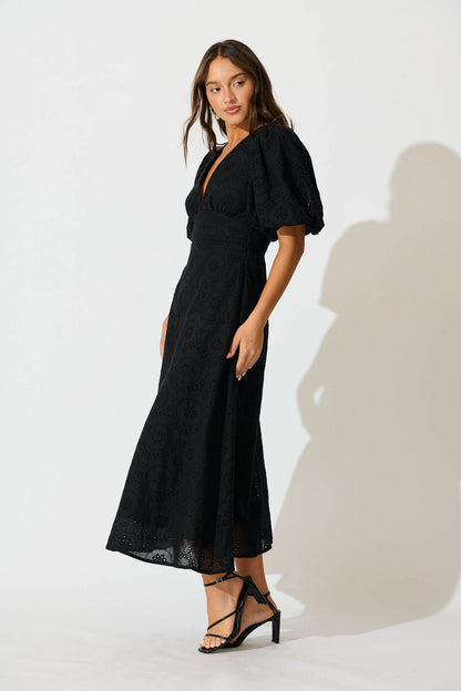 Duchess Maxi Dress In Black Broderie Cotton