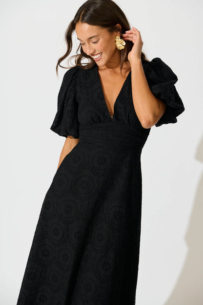 Duchess Maxi Dress In Black Broderie Cotton