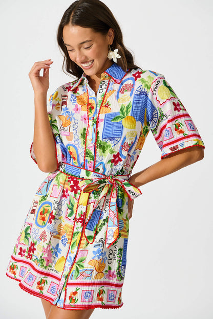 Miela Shirt Dress in White With Multi Print