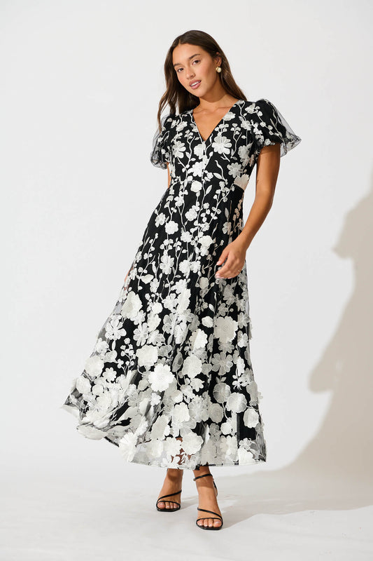Nashira Maxi Dress in Black and White Embroidered Tulle