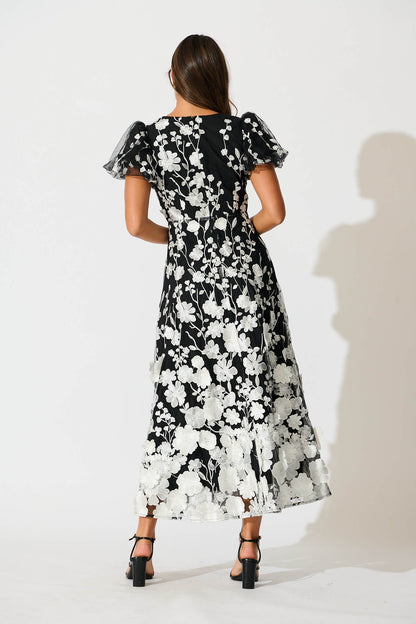 Nashira Maxi Dress in Black and White Embroidered Tulle