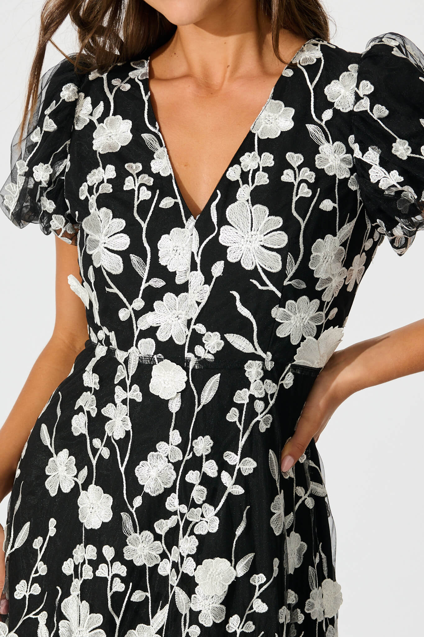 Nashira Maxi Dress in Black and White Embroidered Tulle