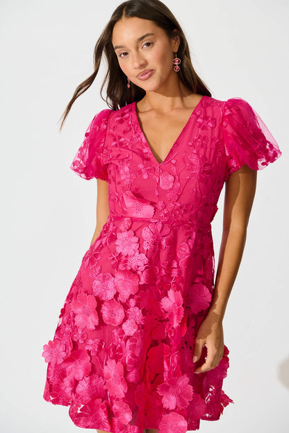 Annalise Dress in Hot Pink Embroidered Tulle