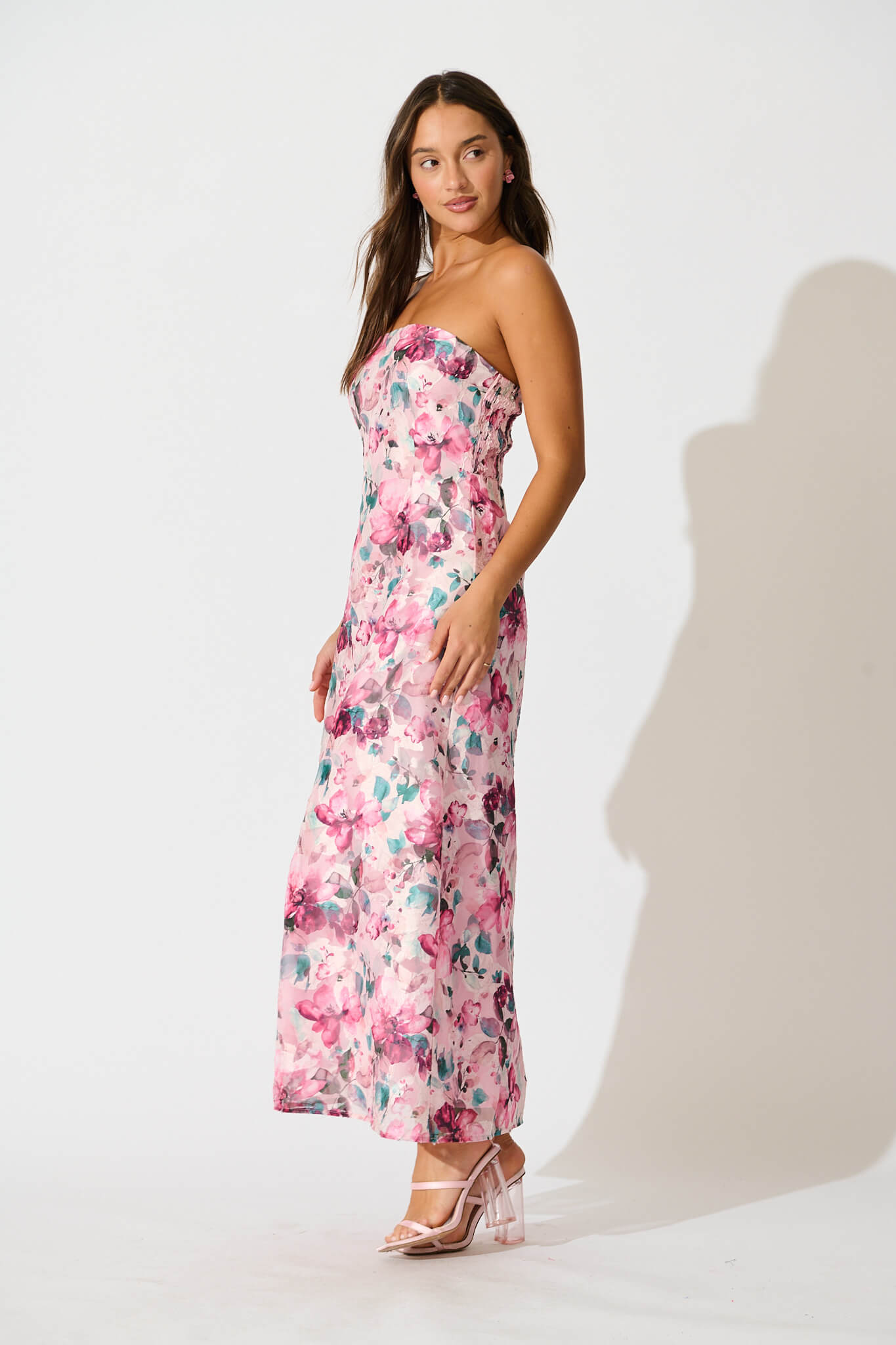 Mon Cherie Maxi Dress in Multi Pink Floral Organza