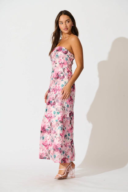Mon Cherie Maxi Dress in Multi Pink Floral Organza