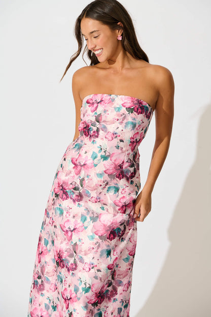 Mon Cherie Maxi Dress in Multi Pink Floral Organza
