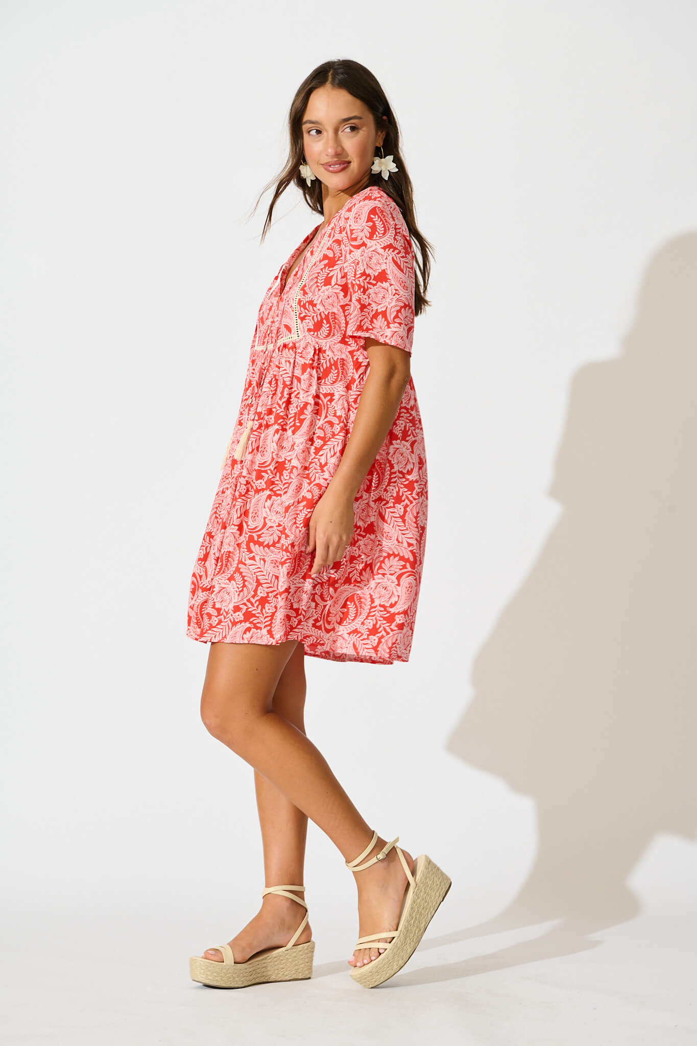 Shake It Out Smock Dress in Red with White Paisley