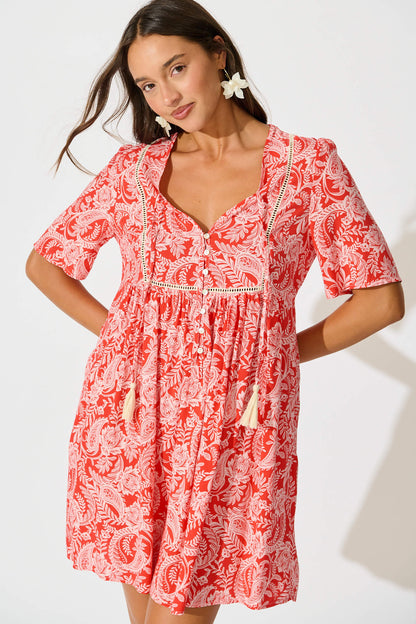 Shake It Out Smock Dress in Red with White Paisley