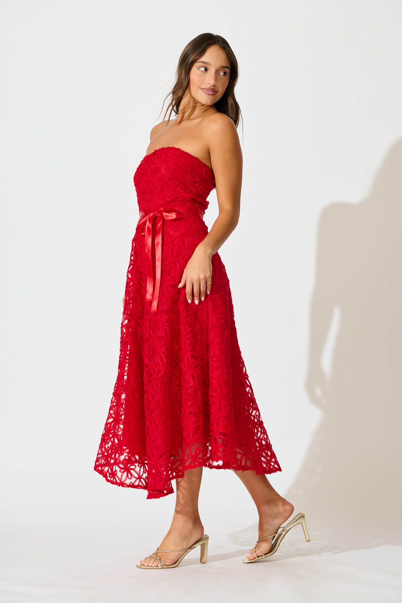 Sia Midi Dress in Red Floral Embroidered Tulle