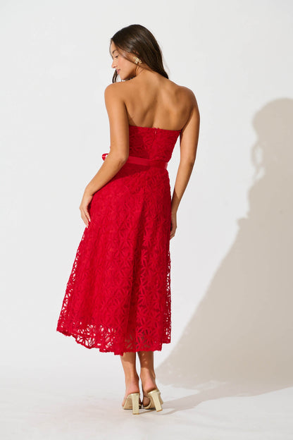 Sia Midi Dress in Red Floral Embroidered Tulle