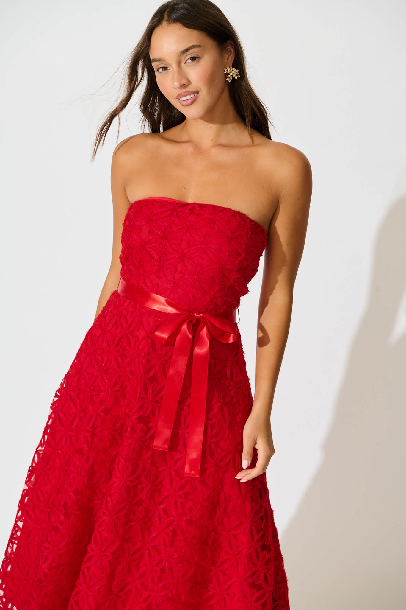 Sia Midi Dress in Red Floral Embroidered Tulle