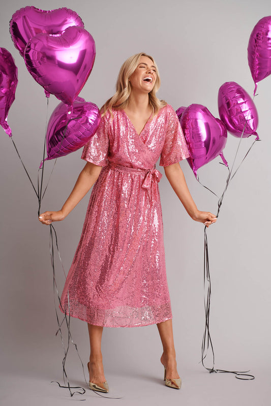 Winslet Midi Dress In Pink Sequin