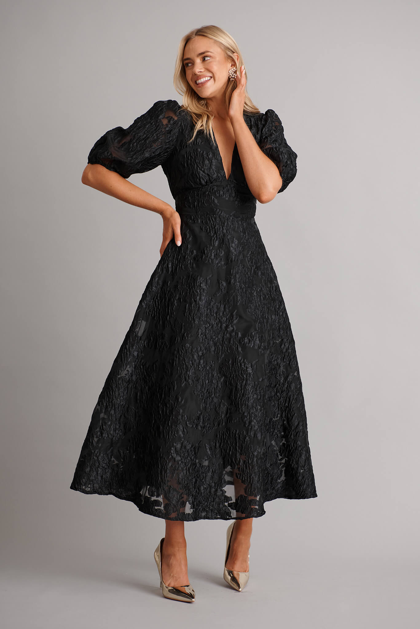 Opulence Midi Dress In Black Floral Organza Jacquard