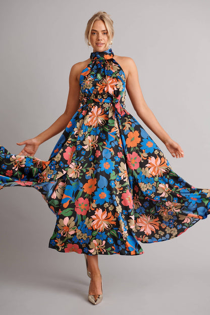 Kiss Me Halter Neck Maxi Dress in Black Floral Satin