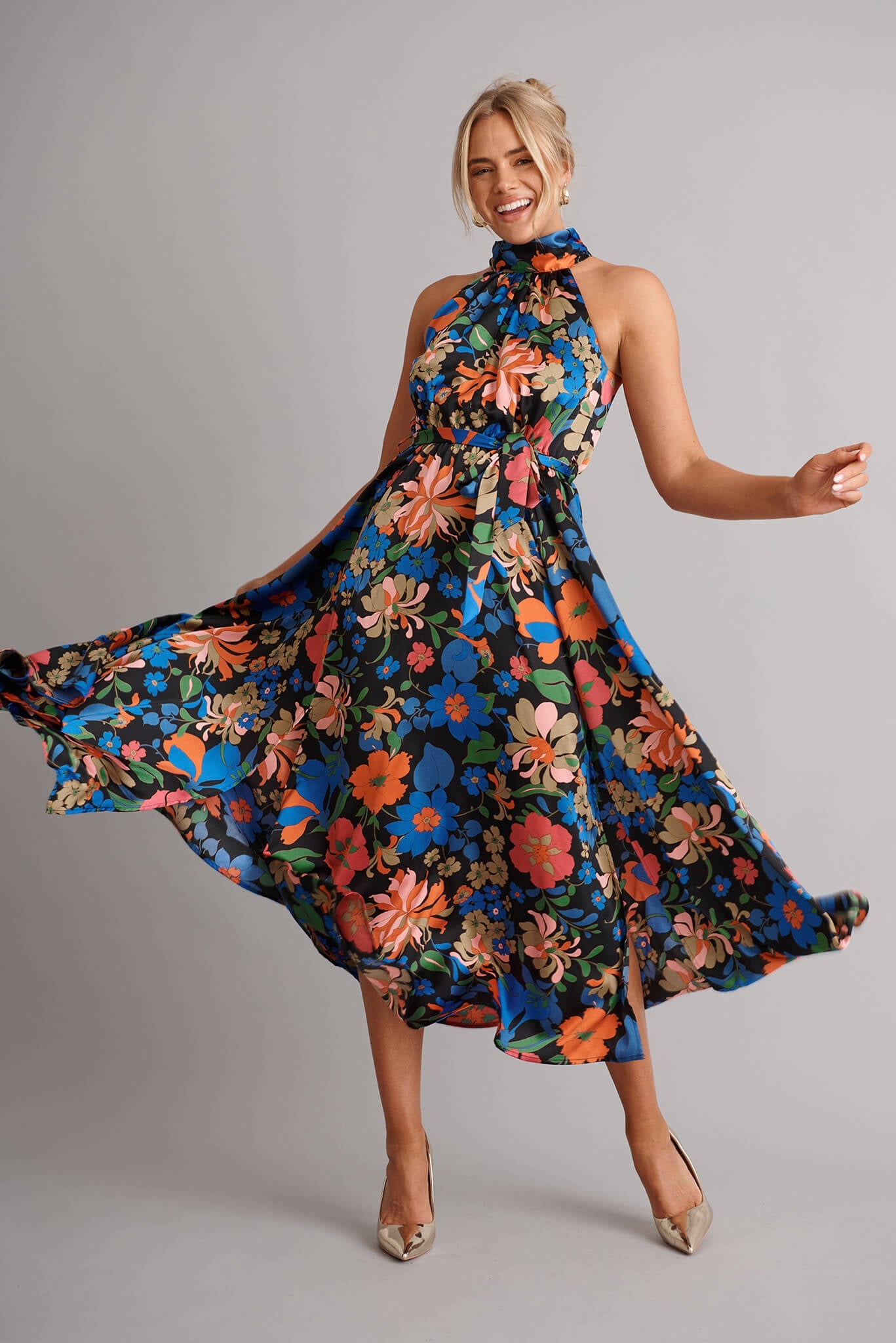 Kiss Me Halter Neck Maxi Dress in Black Floral Satin