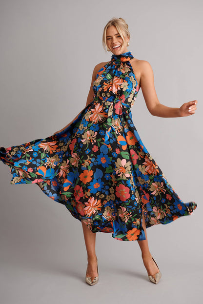 Kiss Me Halter Neck Maxi Dress in Black Floral Satin